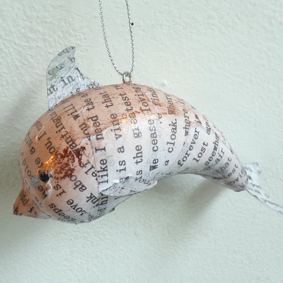 NEW Ocean Dolphin Porpoise Love Words Newsprint Holiday Christmas Tree Ornament - Picture 2 of 2